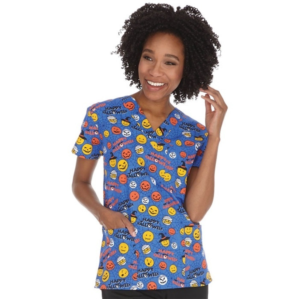 Cassandra O | Size L | Scrub Top | Blue Happy Halloween